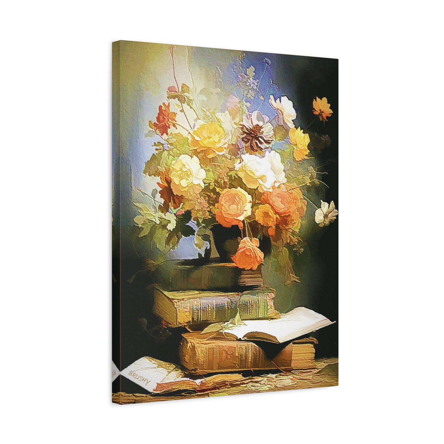 Books and Bouquet of Roses Flowers Art Print Stretched Canvas Wall Décor