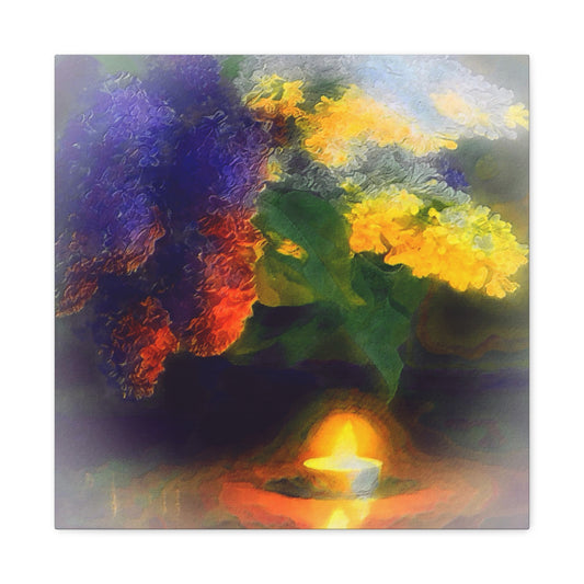 Lilacs Bouquet Illuminated By A Candle Art Print, Purple, Yellow, Gold Wall Décor