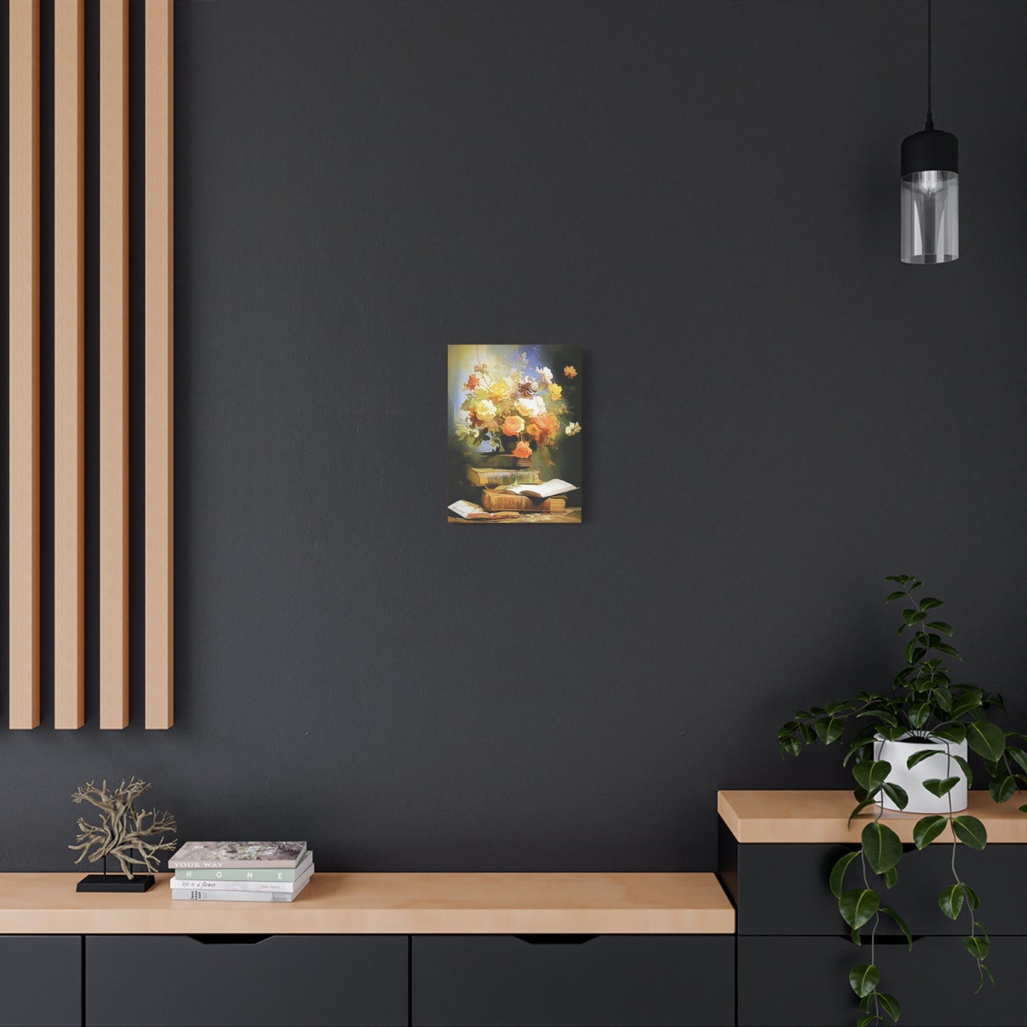 Books and Bouquet of Roses Flowers Art Print Stretched Canvas Wall Décor