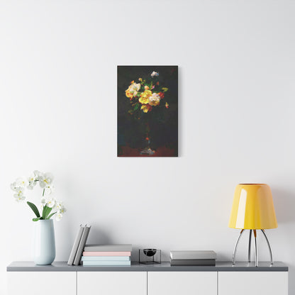 Roses Bouquet Tall Vase Vertical Canvas Wall Art Yellow White Night Atmosphere
