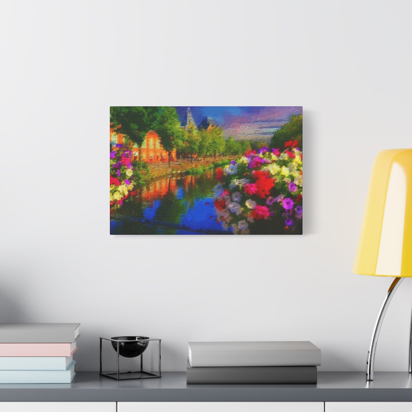 Amsterdam View From The Bridge Art Print Stretched Canvas Cityscape Wall Décor Blue Green Orange