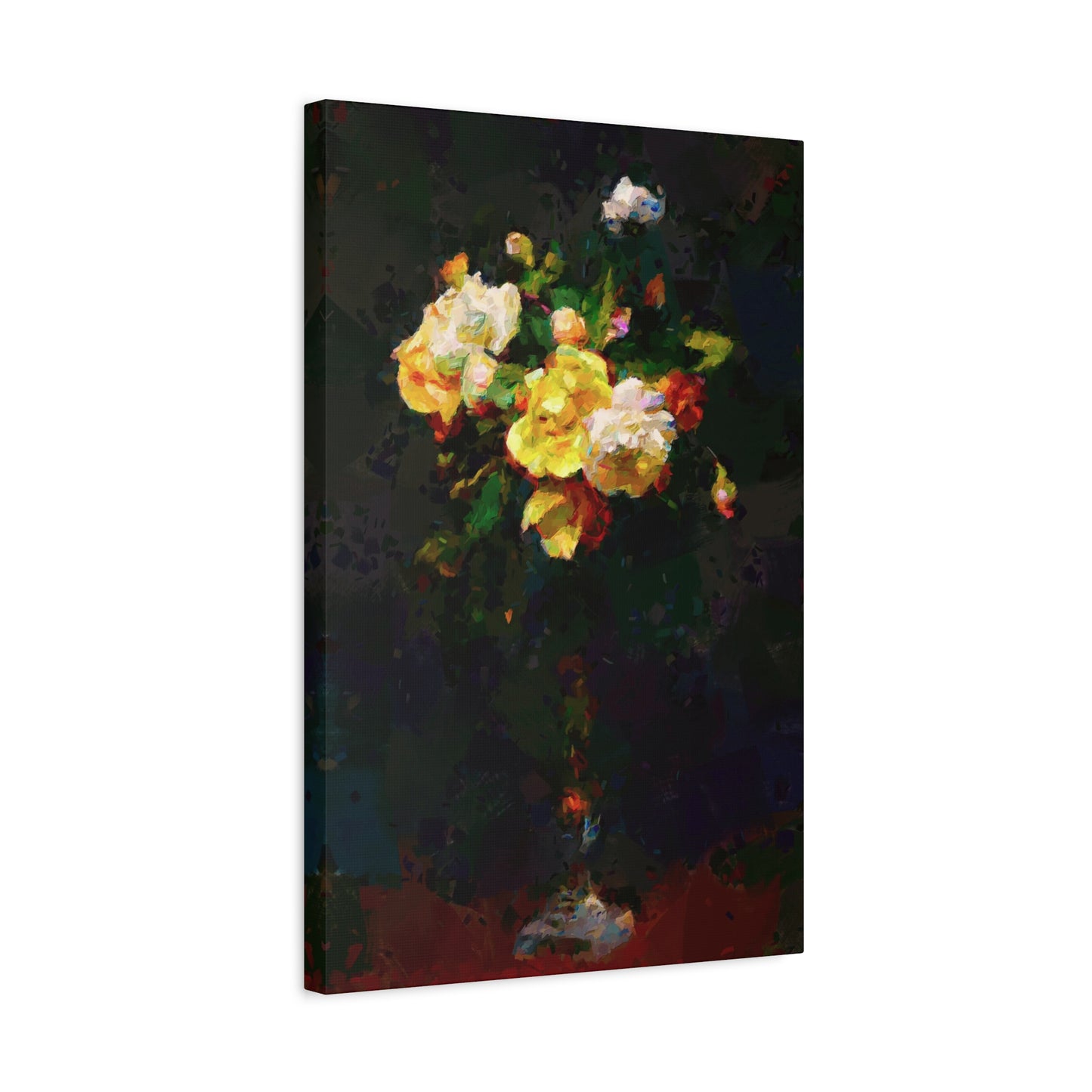 Roses Bouquet Tall Vase Vertical Canvas Wall Art Yellow White Night Atmosphere