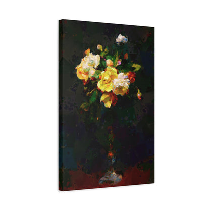 Roses Bouquet Tall Vase Vertical Canvas Wall Art Yellow White Night Atmosphere