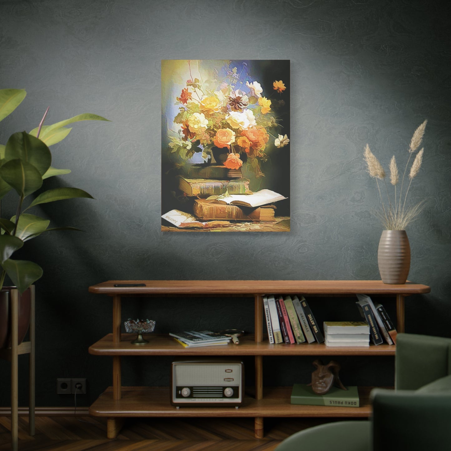 Books and Bouquet of Roses Flowers Art Print Stretched Canvas Wall Décor