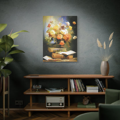 Books and Bouquet of Roses Flowers Art Print Stretched Canvas Wall Décor
