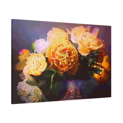 Peonies Bouquet Stretched Canvas Wall Art Abstract Yellow Purple Morning