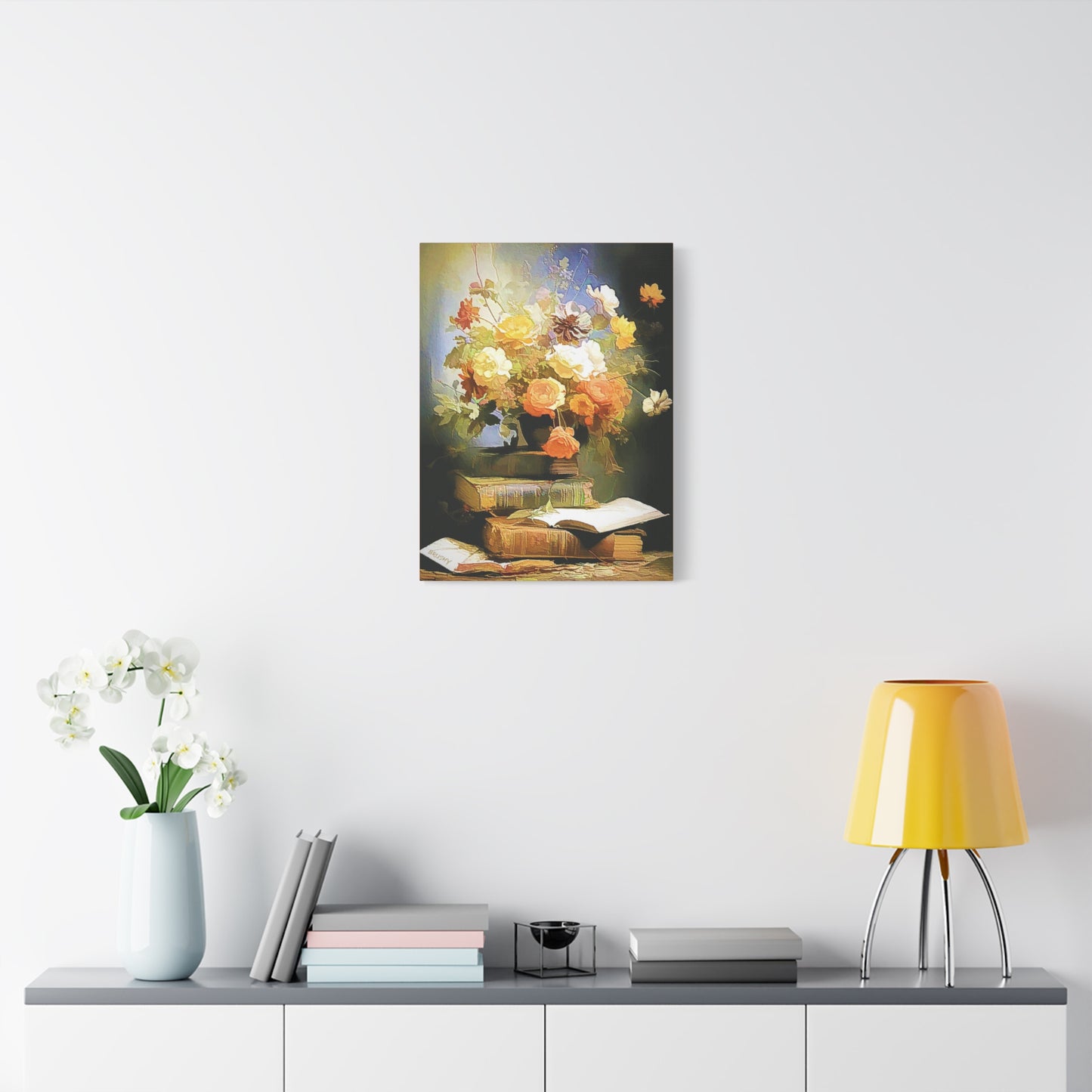 Books and Bouquet of Roses Flowers Art Print Stretched Canvas Wall Décor
