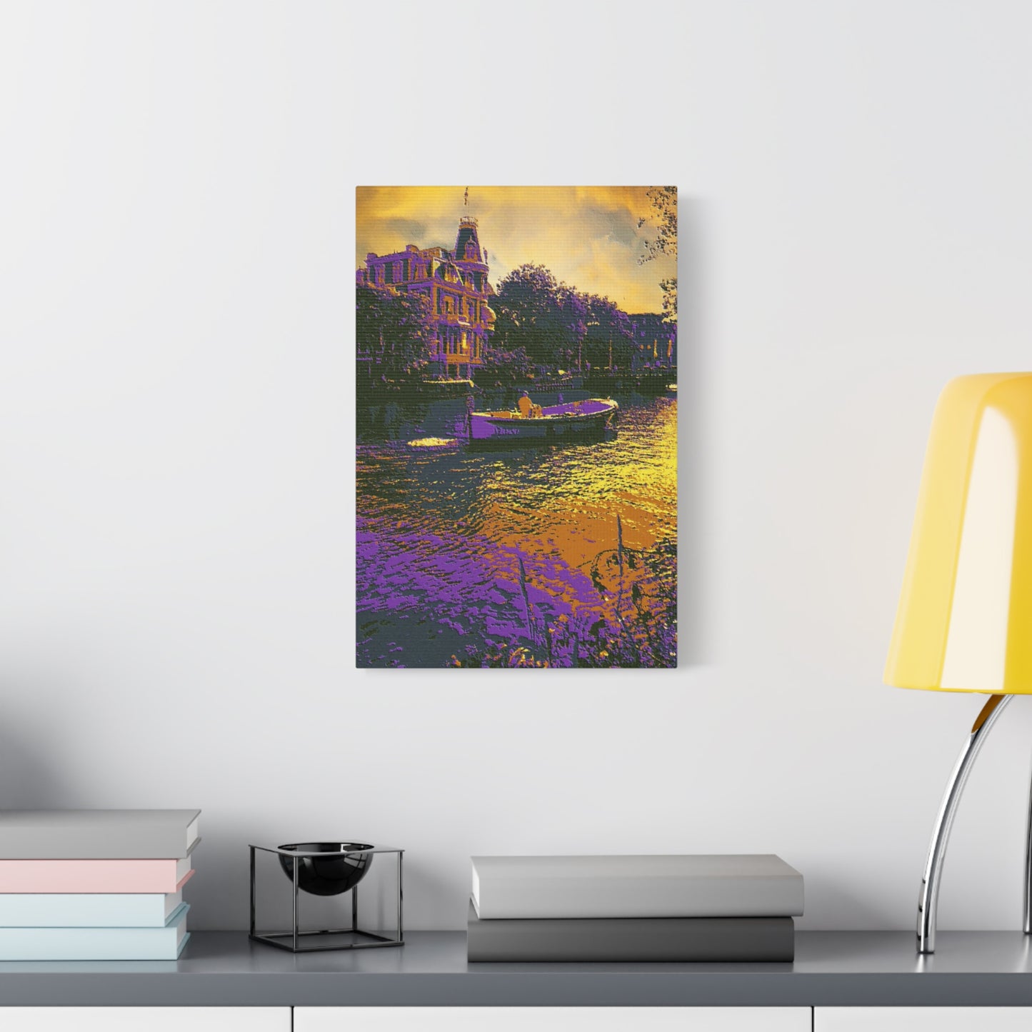 European Cityscape Amsterdam Art Print Canvas Stretched Wall Decor Abstract Purple Gold