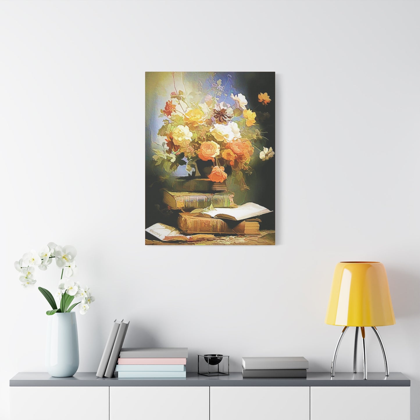 Books and Bouquet of Roses Flowers Art Print Stretched Canvas Wall Décor